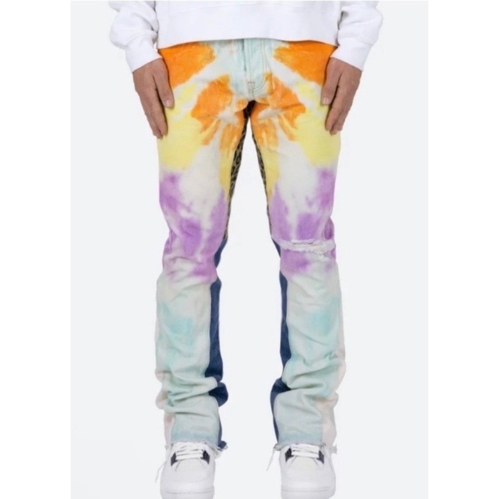 MNML B412 Mens Tie Dye Flared Denim Jean Leopard Panel Distressed Multi Color 34